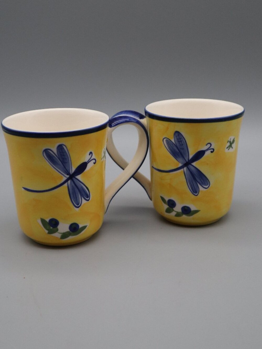 Vtg April Cornell Yellow Dragonfly & Blueberry Coffee Mugs Set of 2 Cottagecore